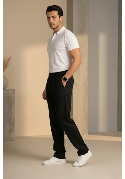 Bürke Çift Pileli Siyah Beli Yarım Lastikli Kaliteli Keten Görünümlü Baggy Pantolon