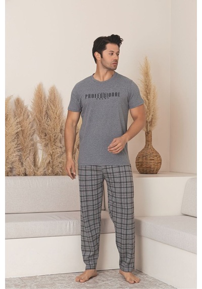 Sude Homewear Erkek Professional Wrıtıng Patterned Kısa Kol Pijama Takımı Gri