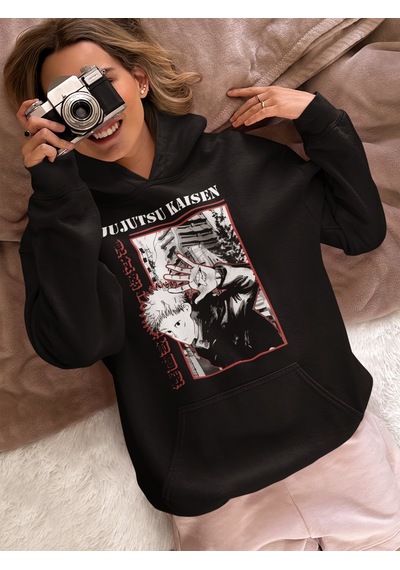 Sevbano Tasarım Jujutsu Kaisen Baskılı Unisex Oversize Anime Karakter Hoo Siyah