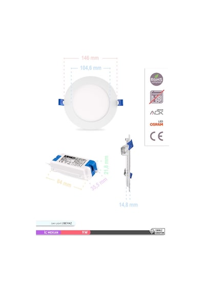 ACK Sıva Altı Yuvarlak LED Panel Armatür 6500K Beyaz AP01-00930 Beyaz