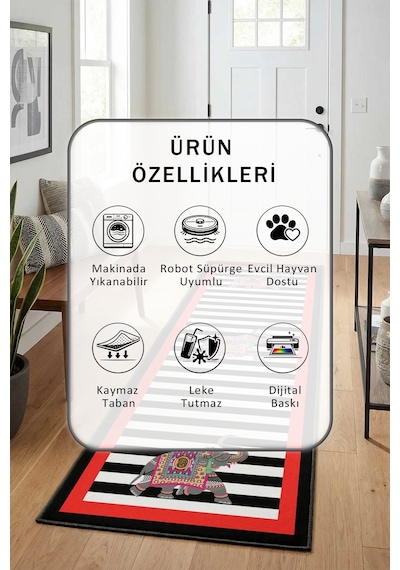 Fil Kirmizi Siyah Yıkanabilir Yolluk Kırmızı