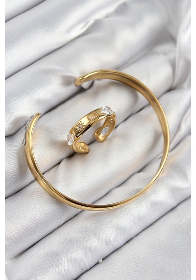 Pirinç Zirkon Taşlı Ayrık Model Gold Renk Bileklik Yüzük Set Renkli