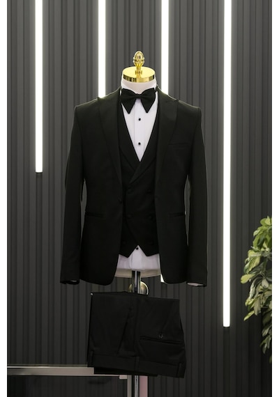 Slimfit Skinny Kesim Desenli Sivri Sabit Yaka Yelekli Papyonlu Smokin Takım Elbise 001