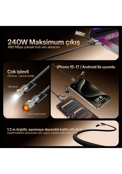 Bix T2ın1c 240w Led Fener Ve Alevsiz Çakmak Fonksiyonlu Type-c To Type-c Şarj Data Kablosu 1.2 Metre Siyah