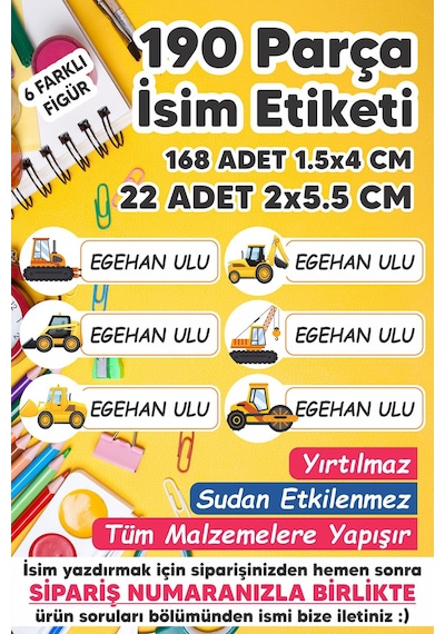 Okul Etiketi Kalem Defter Etiketi İş Makinaları Özel Isim Yazılabilen Etiket - 190 Adet