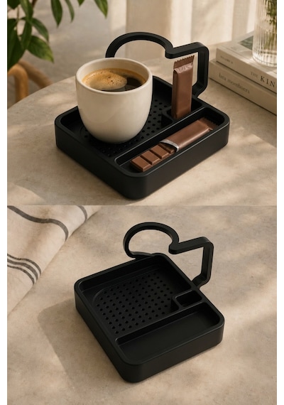 Kahve Sunum Tepsisi Çok Bölmeli Masa Üstü Organizer Kupa Fincan Standı Pla 12.5x11x7 Cm Siyah