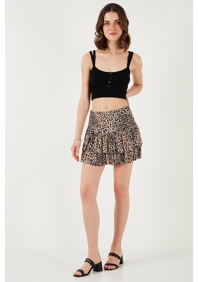 Lela Leoparlı Slim Fit Fırfırlı Mini Boy Bayan Şort Etek 5866293 Leopar
