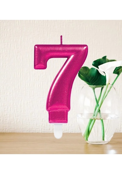 Mum Fuşya Pembe Işıltılı 7 Yaş Mumu Koyu Pembe 8cm Büyük Doğum Günü Mumu 9+