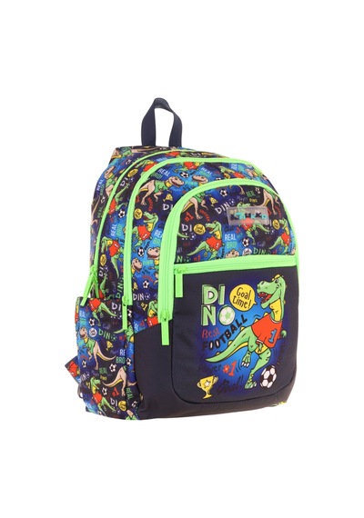 Kauıkko Kids Siyah Yeşil Dinazor Baskılı Erkek Çocuk Okul Çantası - L5266 - Dört Gözlü Siyah - Yeşil