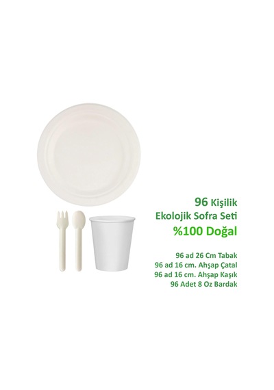 Ekolojik Doğal 26 Cm. 96 Kişilik Parti Piknik Sofra Sunum Seti - Tabak Bardak Çatal Kaşık Takımı