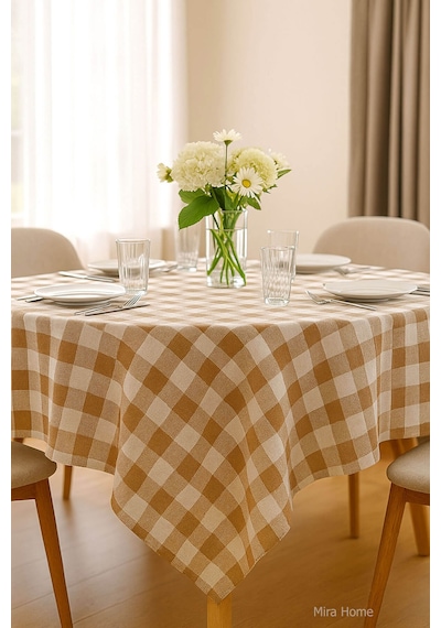 Mira Home Kareli Masa Örtüsü Sofra Bezi 160x160 Cm Happytime Bej