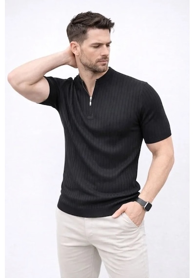 Erkek Kısa Kol Fitilli Triko T-shirt Yazlık Hakim Yaka Tişört - Siyah