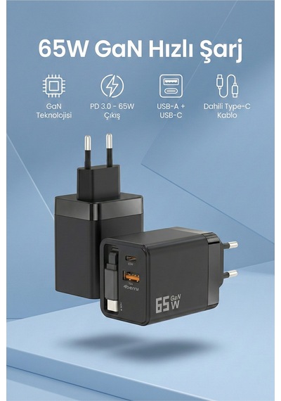 65w Super Fast Charger Type-c Hızlı Şarj Adaptörü Laptop, Tablet & Telefon Uyumlu SİYAH