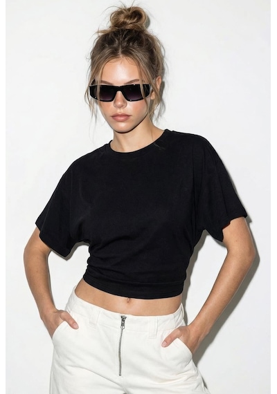 Shade Kadın Beli Büzgülü Bisiklet Yaka T-shirt Öt261003 60283996 - Siyah