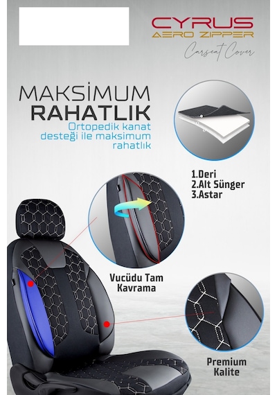 Hyundai İ20 Active Deri Detaylı Oto Koltuk Kılıfı Ön Arka Set Cyrus Siyah Beyaz