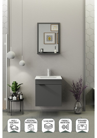 Biani Fix Arya 55 Cm Banyo Dolabı,Seramik Lavabolu, Aynalı,Lavabo Dahil,Mdf,Mat Gri Biani Fix Arya 55 Cm Banyo Dolabı,Seramik Lavabolu, Aynalı,Lavabo Dahil,Mdf,Mat Gri