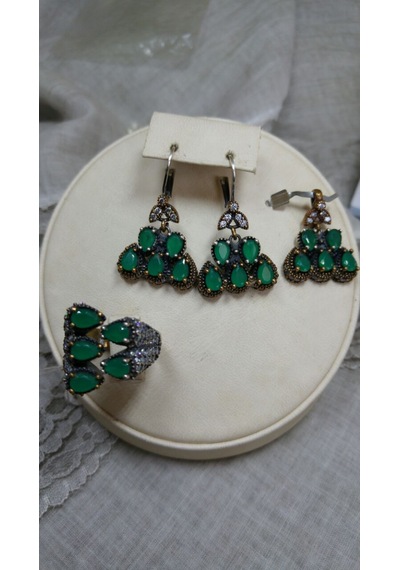 Otantik Yeşim Taşı Gümüş 3 Lü Set Bronz
