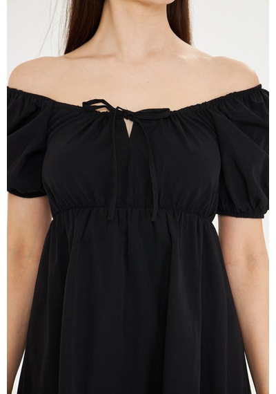 Kutaf Beli Lastikli Buzgulu Poplin Elbise Siyah