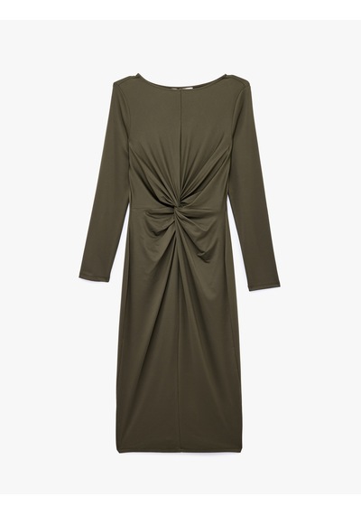 Koton Uzun Kollu Yuvarlak Yaka Midi Boy Drape Detaylı Elbise Haki 6sak80134ek