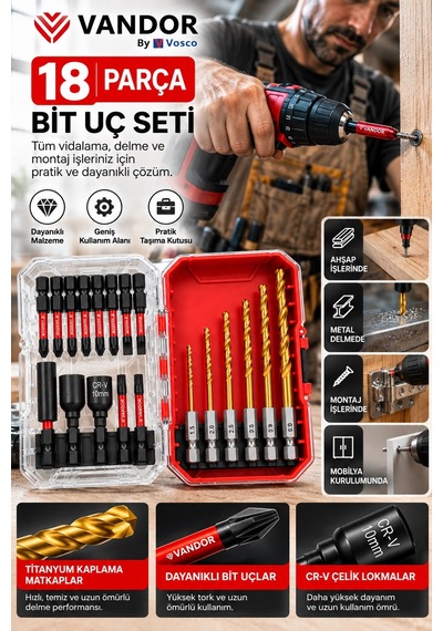Vandor By Vosco 18 Parça Matkap Ucu Ve Vidalama Bits Seti Titanyum Kaplamalı Metal Delme Uçları Cr-v Lokma Seti
