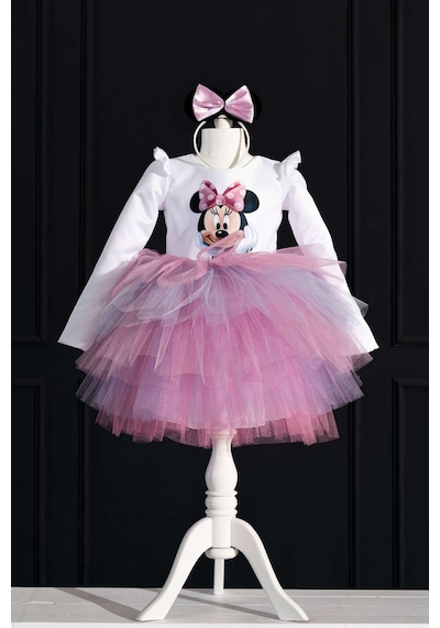 YAĞMUR KOStütüM Taç Hediyeli Minnie Temalı Kız Çocuk Beyaz Uzun Kollu Doğum Günü Elbisesi & Parti Kostümü Karışık Renkli