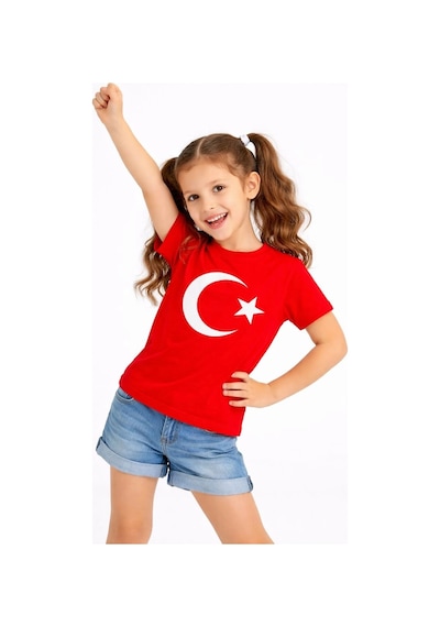 Kız Çocuk Tişört Bisiklet Yaka Ay Yıldız Bayrak Baskılı T-shirt - Kırmızı Çok Renkli
