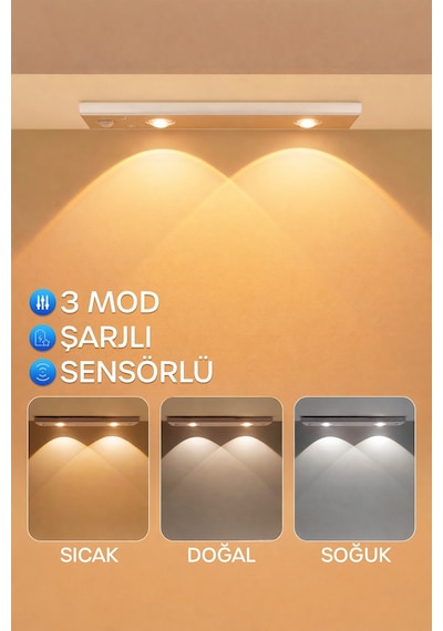 Mutfak Tezgah Altı Şarjlı Hareket Sensörlü Cabinet Dolap Işığı Çekmece İçi Koridor Lambası 30 Cm 02