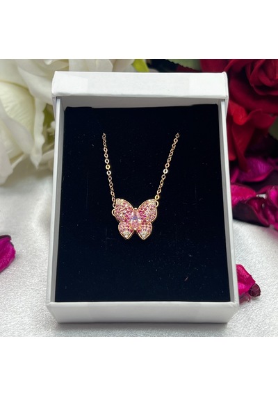 Pembe Zirkon Taşlı Kelebek Kadın Kolyesi 925 Ayar Gümüş Zincirli Rose Kaplama Gümüş