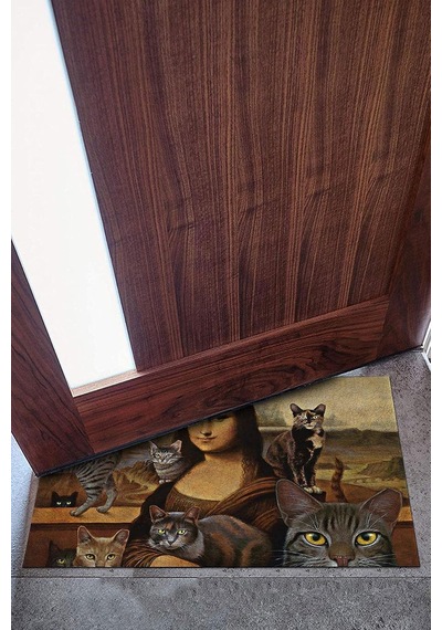 Mona Lisa Ve Kedileri Kapı Önü Paspası Dekoratif Kapı Paspası Dış Mekân Paspas Ev İçi Paspası 45x70cm Diğer