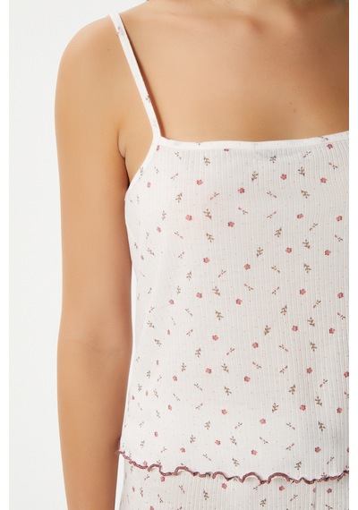 Ritnice Kadın June Askılı Ekru Minik Çiçekli Alt Üst Pijama Takımı