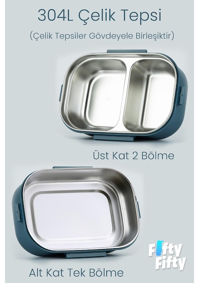 1650 Ml İki Kat Üç Bölme Paslanmaz Çelik Lunch Box Yeni Nesil Sefer Tası - Kaşık Ve Çatallı -6715 Lacivert