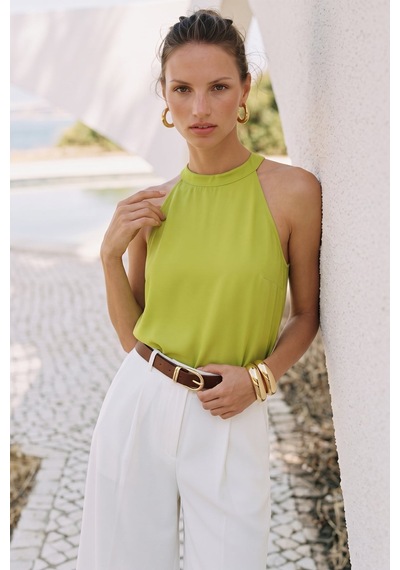 Sateen Halter Yaka Bluz - Yağ Yeşili-137727
