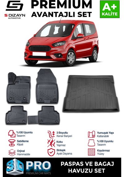 S-dizayn Ford Courier 3d Pro Havuzlu Paspas Ve Bagaj Havuzu Seti 2'li Set 2014-2022 A+ Kalite