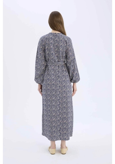 DeFacto Regular Fit Bisiklet Yaka Desenli Kuşaklı Uzun Kollu Maxi Elbise E5247AX25SPNV134