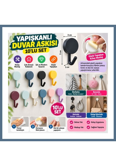 Buradabulabilirsin 10 Lu Plastik Kendinden Yapışkanlı Renkli Askı Seti Bbz