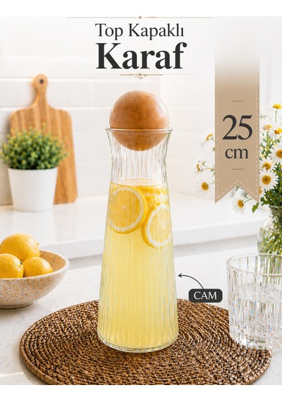Dekoratif Top Kapaklı Cam Karaf - Modern Çizgili Cam Sürahi Sunumluk Meşrubat Şerbetlik 25 Cm