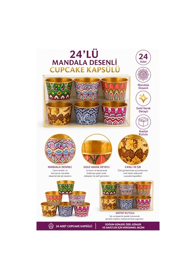 Cupcake Kapsülü 24'lü Mandala Desenli Gold Varaklı Asetat Kutulu Kek Ve Muffin Pişirme Kapsülü