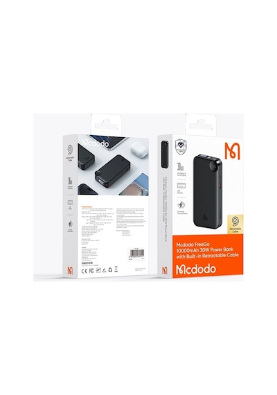 Mc-3870 10000mah 30w A+c Dijital Göstergeli Powerbank Dahili Usb-c Geri Çekilebilir Kablo Siyah