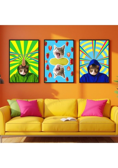 Besay Kozmik Kediler Renkli Ev Duvar Dekorasyonu Gökkuşağı Lazerli Ve Dondurmalı Komik Kedi Posteri 3'lü Set A4 Çerçevesi