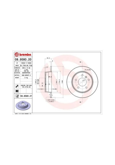 Brembo 08958021 Fren Diski Arka Mercedes W168 W414 A1684230212