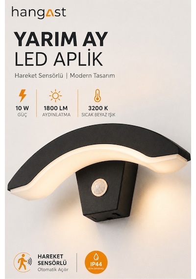 Sensörlü Yarım Ay Led Aplik 24w 1800 Lm 3200k Sıcak Beyaz Hareket Sensörlü Duvar Lambası Siyah