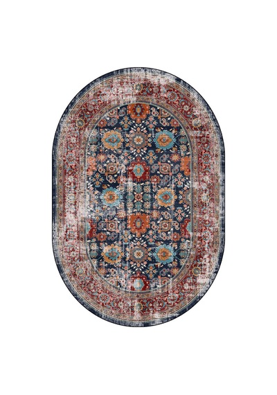 Vintage Desen Pamuk Taban Dijital Baskılı Yıkanabilir Oval Halı Lacivert