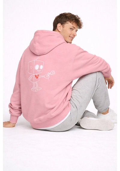 Robot Baskılı Sevgili Kombini Oversize Hoodie Seti Kadın Erkek Un Pembe