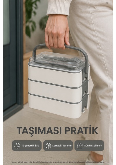 Antrasit 3 Katlı Beslenme Kutusu Çatal Kaşık Dahil Kilitli Kapaklı Taşıma Saplı Yemek Saklama Kabı Seti