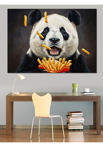 Patates Kızartması Yiyen Komik Panda Dekoratif Kanvas - Mdf Ahşap Tablo