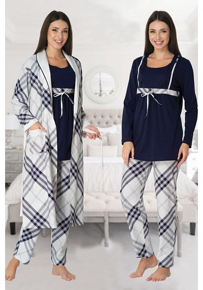 Effort Pijama Zerre Bebe Kadın Lacivert Uzun Kollu Hamile Lohusa Sabahlıklı Pijama Takımı 8084 Lacivert