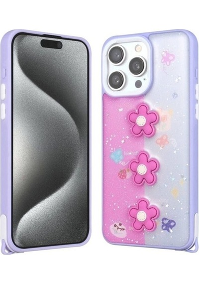 Apple Uyumlu iPhone 15 Pro Max Kılıf Parlayan Simli Kabartma Figürlü Zore Cevze Kapak Mor Papatya