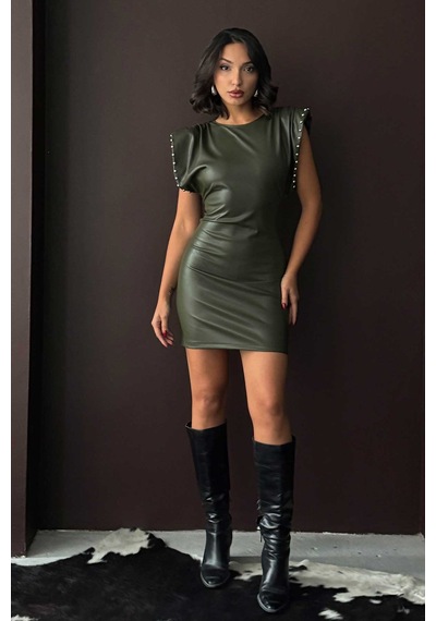 Verymoda Droplu Suni Deri Elbise F2034 Haki