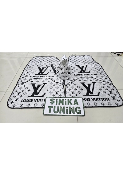 Lv Xl Beyaz - Siyah Dekor Oto Halı Paspas 4 Parça Ön Arka Takım Ve Vites Poları Kumaş Anahtarlık Hed