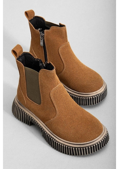 Tonny Black Kalın Tırtıklı Termo Taban Fermuarlı Lastikli Çocuk Unisex Taba Süet Chelsea Bot Tbgrf005 Taba Süet